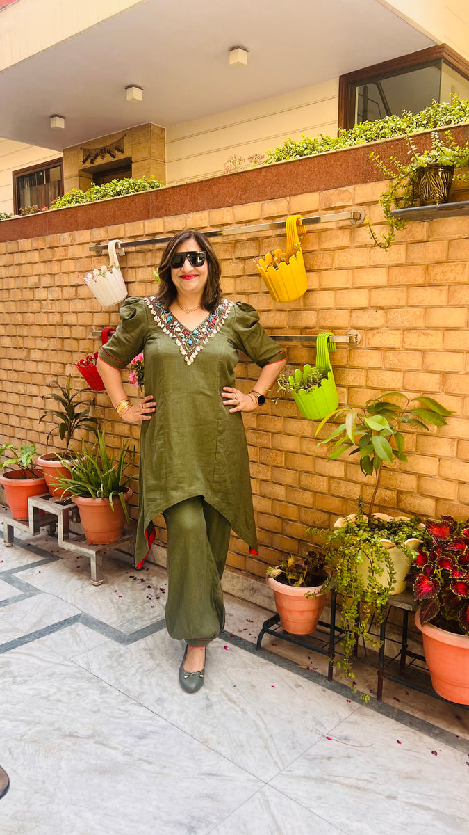 Olive Linen Co-Ord – Lakhina Couture