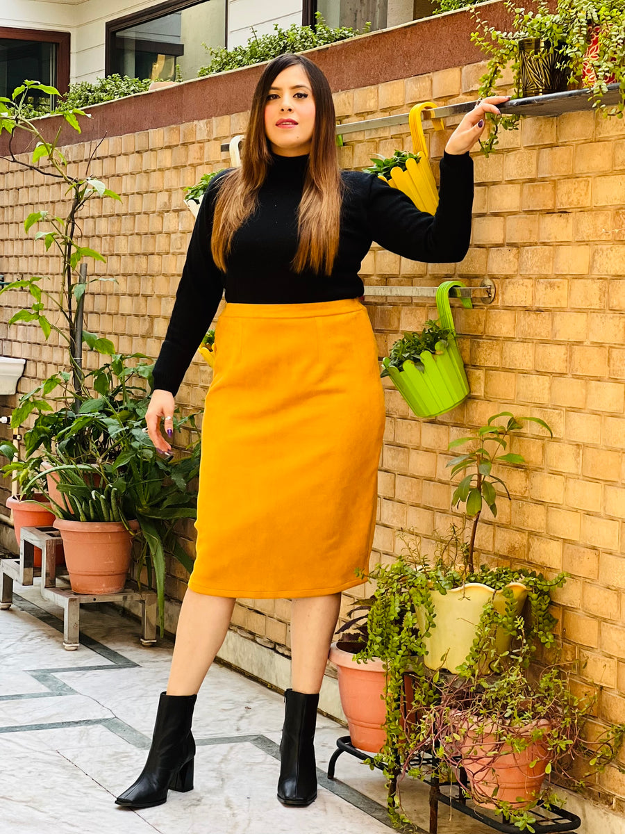 Mustard suede cheap mini skirt