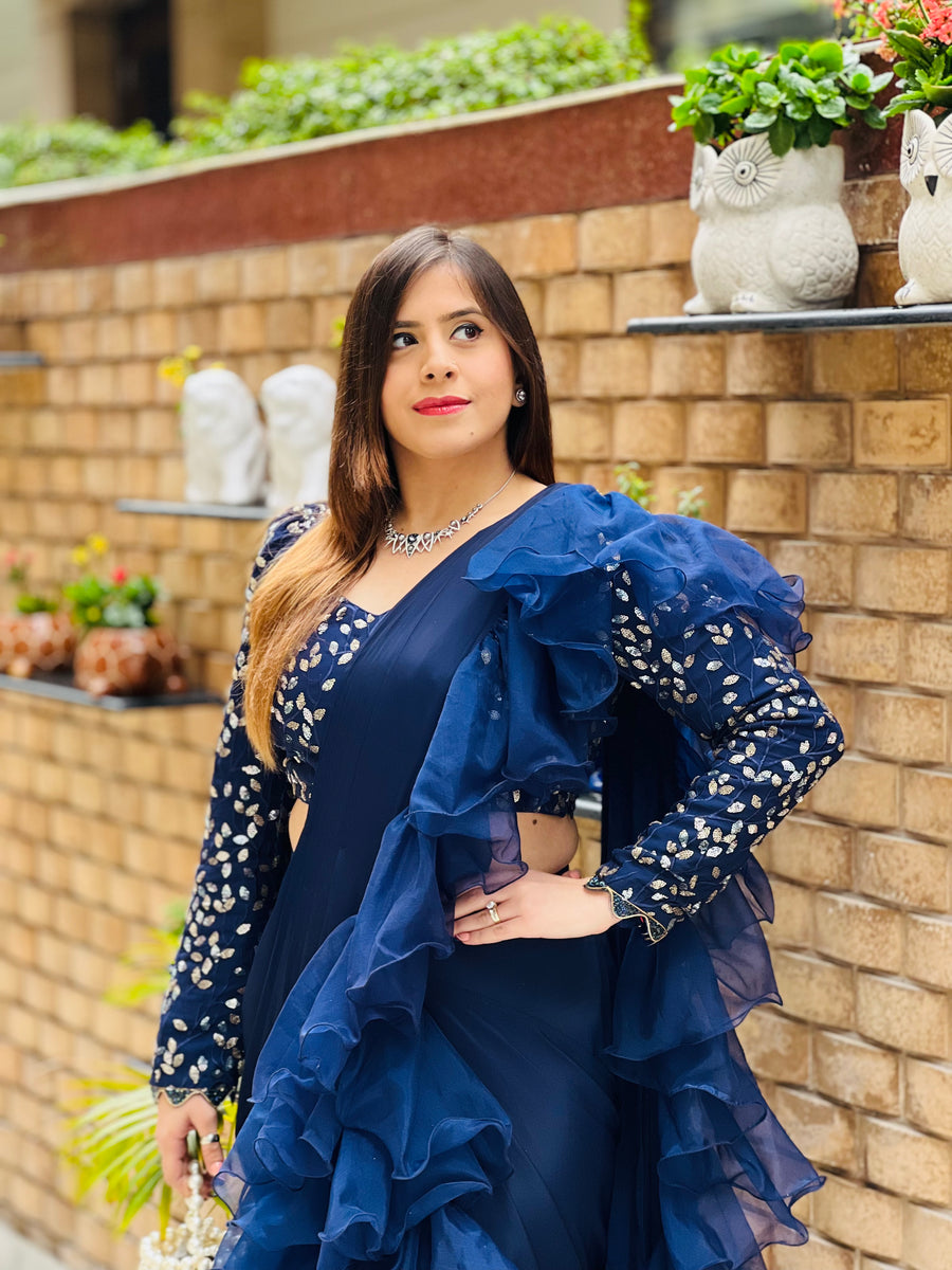 NIKASHA Navy Ruffle Saree