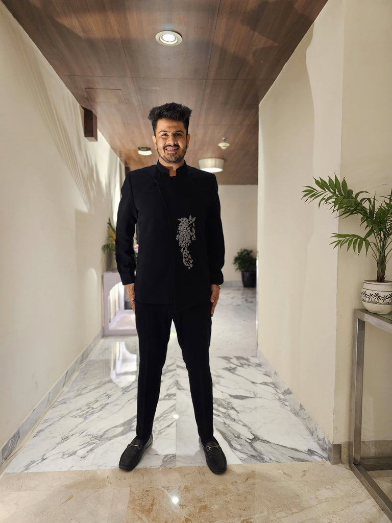 Menswear Black Angrakha Bandhgala With Pants