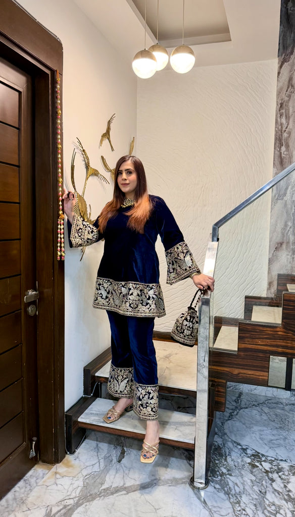 Navy Blue Bird Velvet Co-Ord with Potli Bag