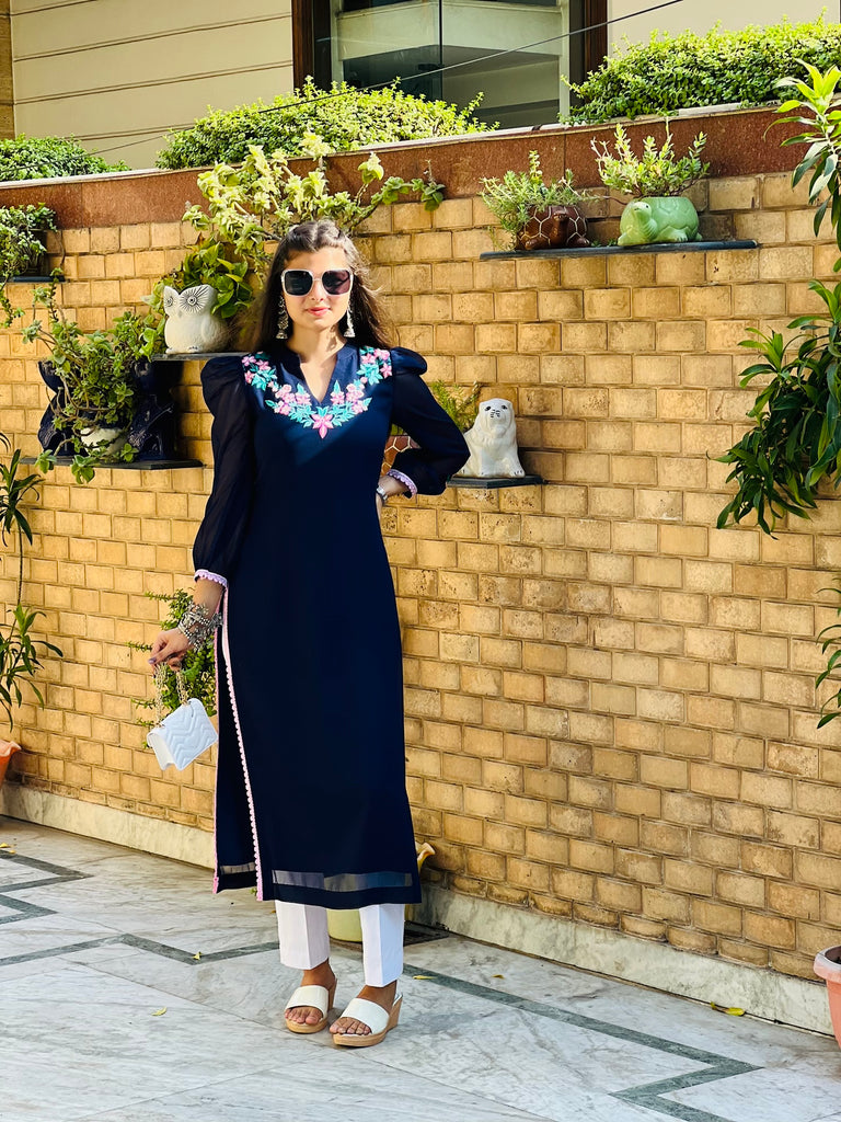 Blue Embroidered Office kurti 