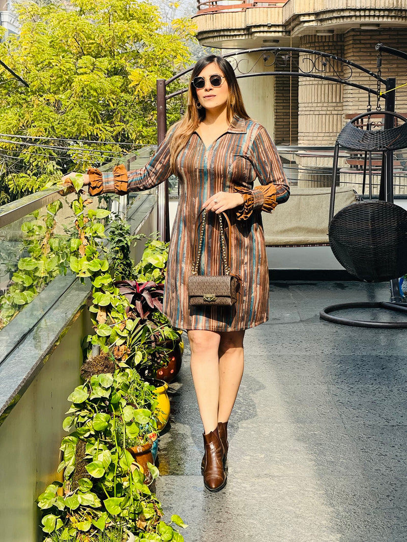 Brown Stripes Suede Dress