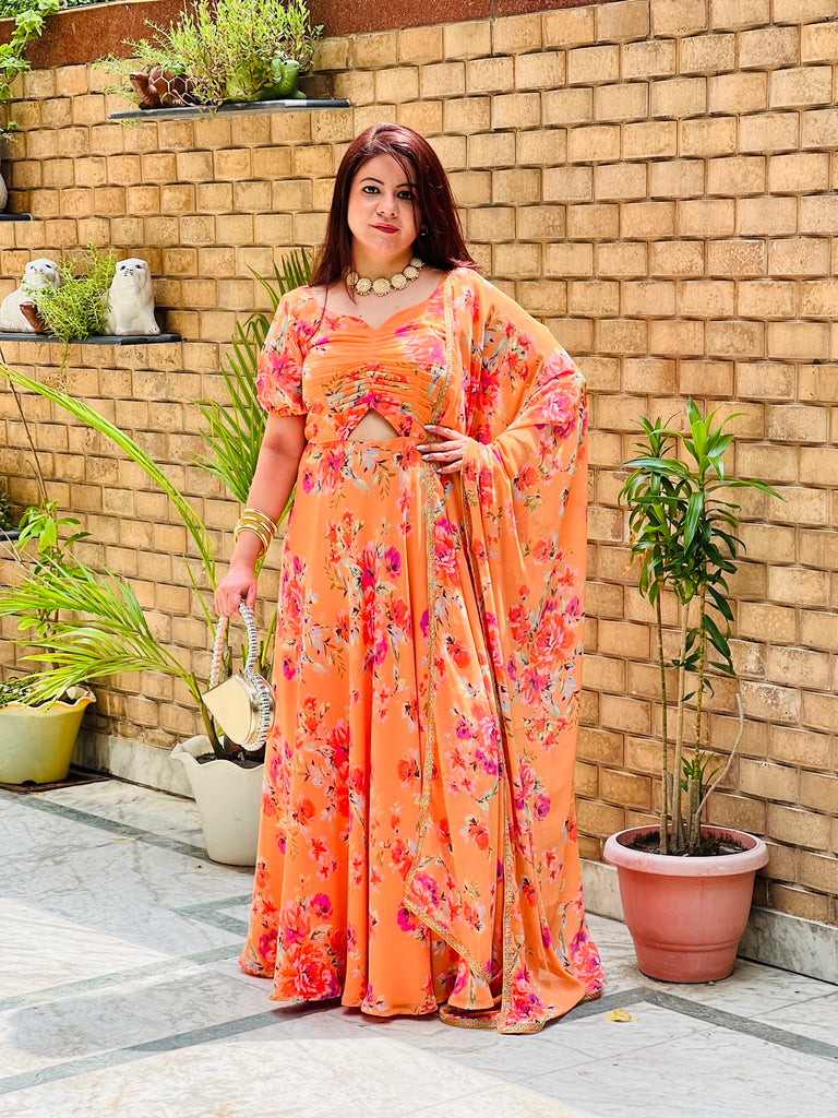 Orange Floral Print On Print Anarkali