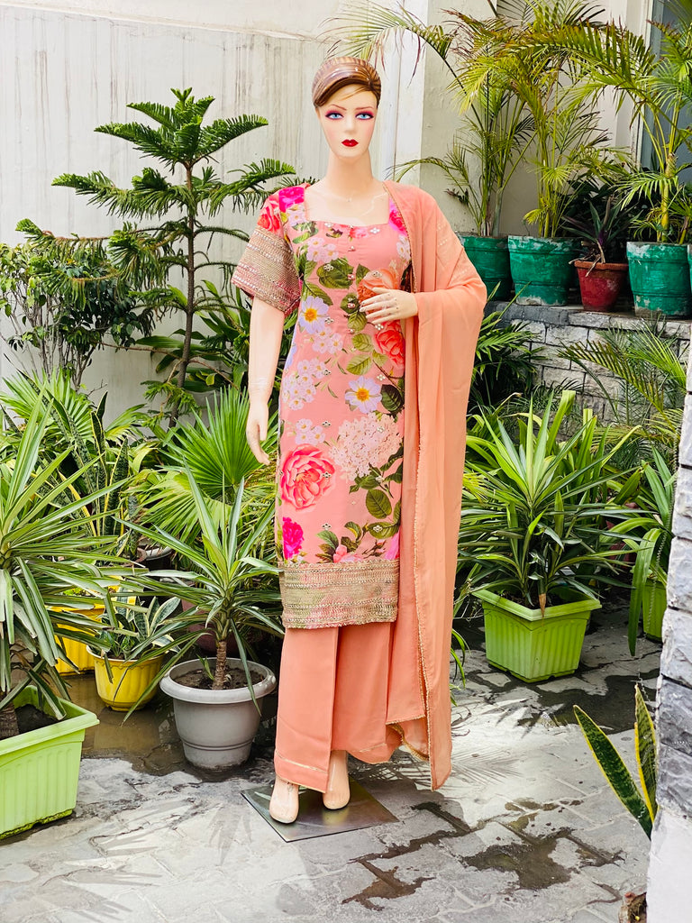 Peach Floral Embroidered Suit