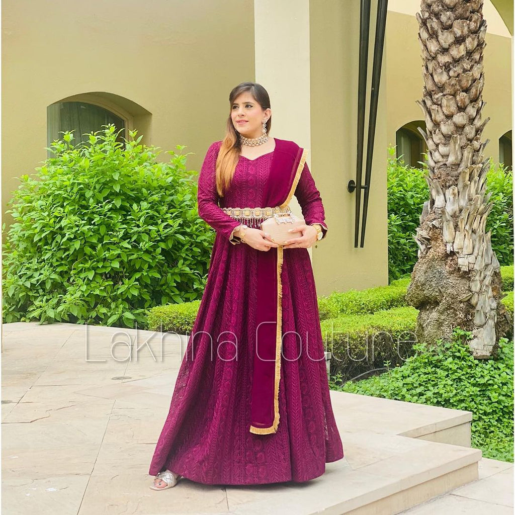 Blue Lucknowi Chikankari Work Georgette Anarkali Suit  garment villa