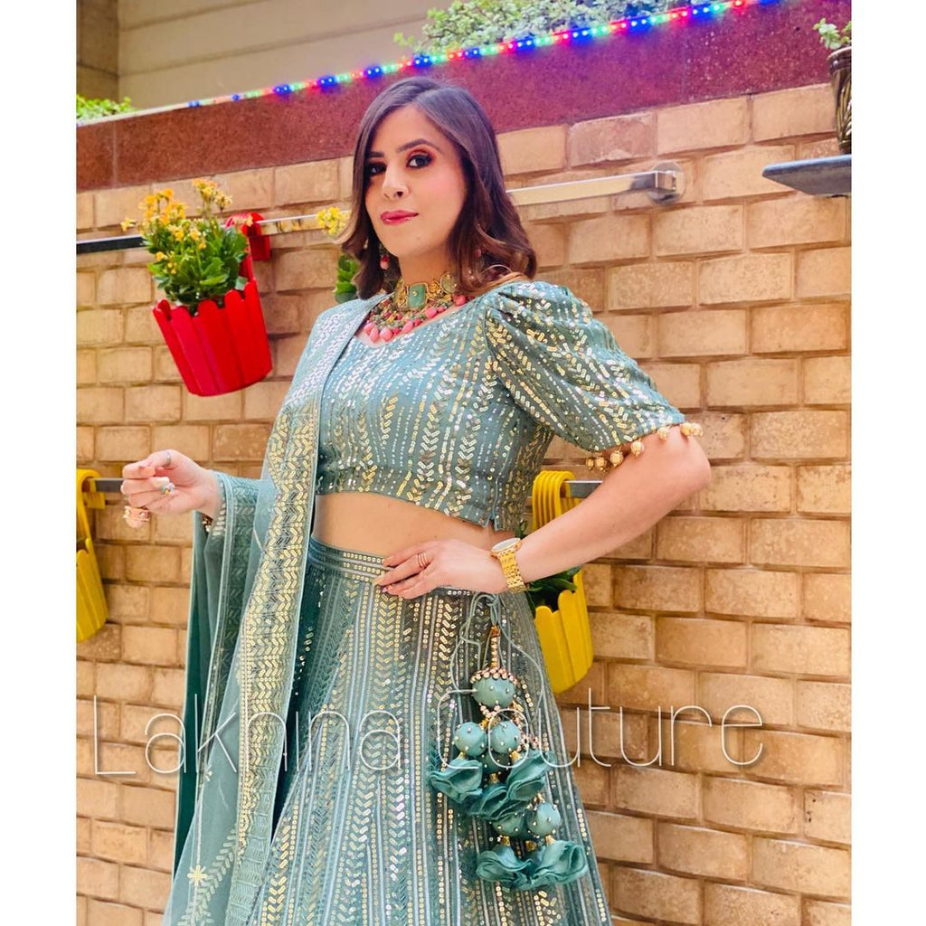 Sunaina khera green SEQUIN LEHENGA – Kuro Clothing India